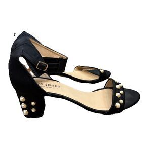 Black Ankle-Strap Block Heel Sandals with Pearl Studs